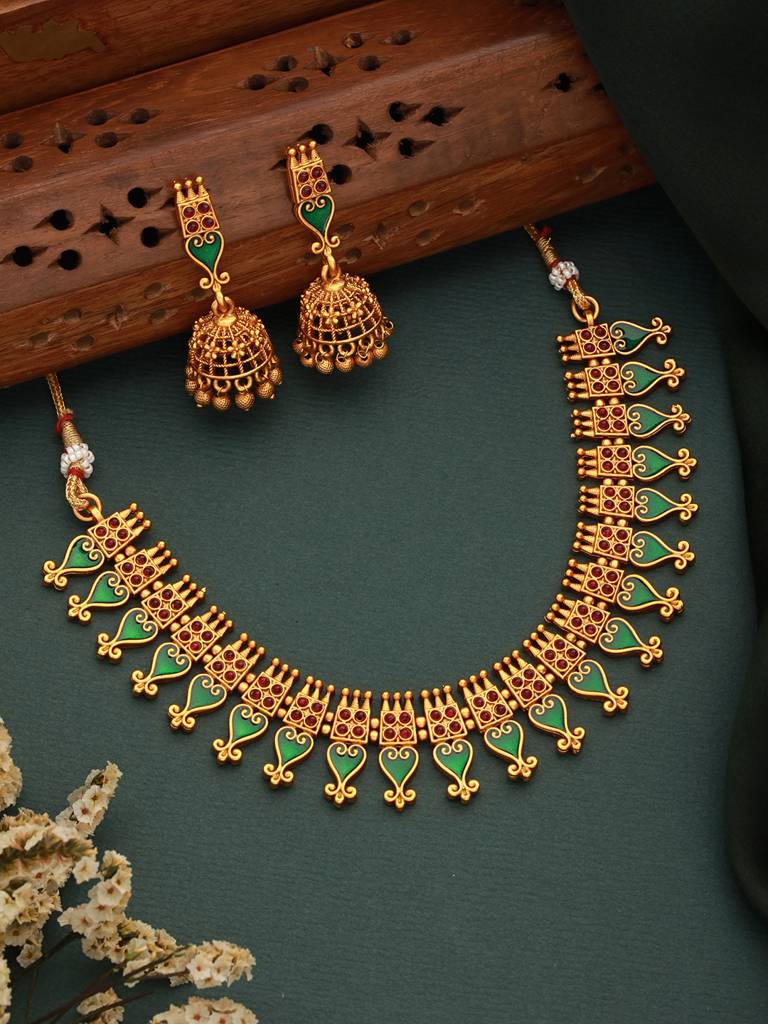 Gold Toned Green Enamelled Kerala Tradition Nagapadam Floral Choker Jewellery Set : SJNK2374