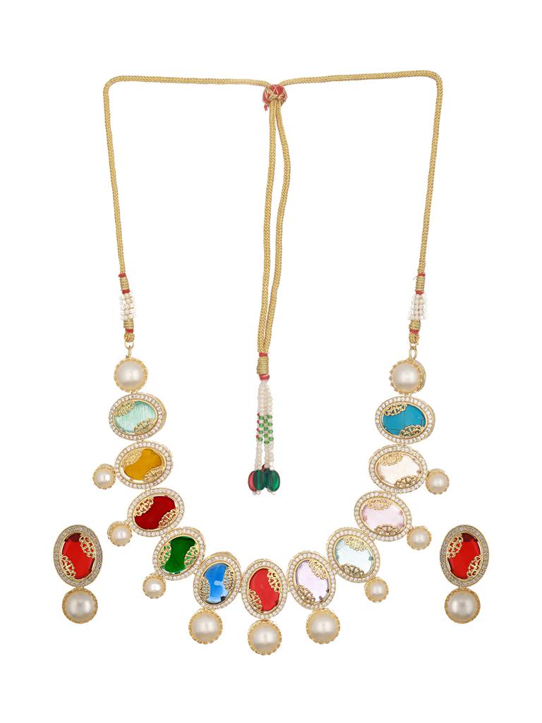 Gold Plated Nav Ratan Kundan & Pearl Beaded Statement Choker Jewellery Set : SJNK2376