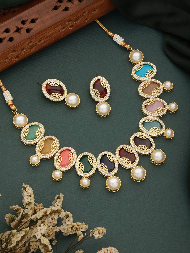 Gold Plated Nav Ratan Kundan & Pearl Beaded Statement Choker Jewellery Set : SJNK2376
