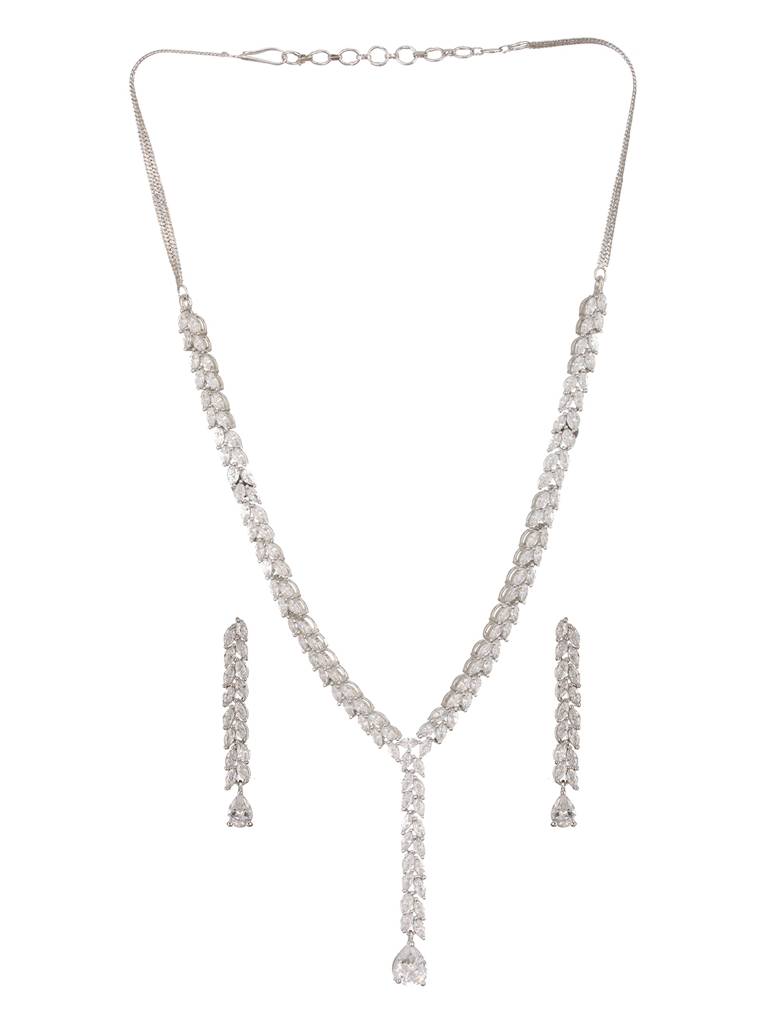 Silver Toned Cz Studded Long Tassel Delicate Bridal Jewellery Set : SJNK2378