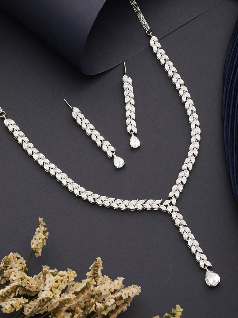 Silver Toned Cz Studded Long Tassel Delicate Bridal Jewellery Set : SJNK2378