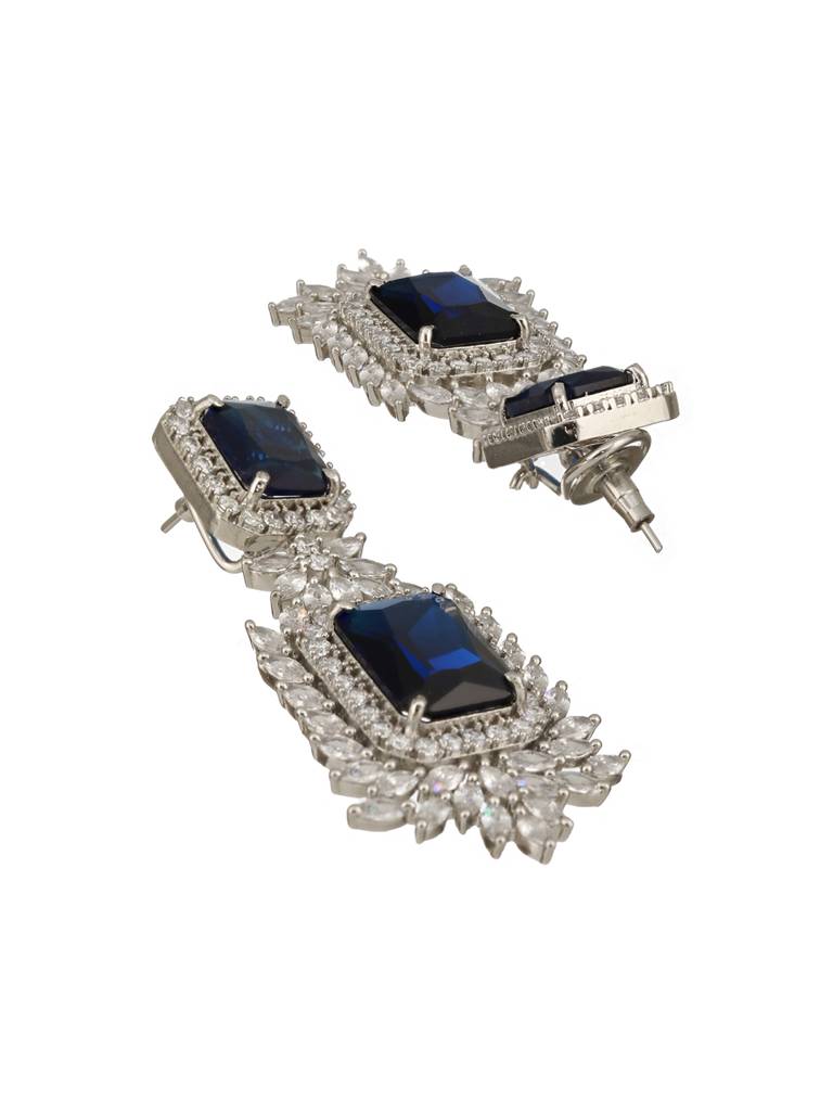 Silver Toned Sapphire Blue Cz Studded Luxe Designer Dropdown Clip Earrings : SJER2380