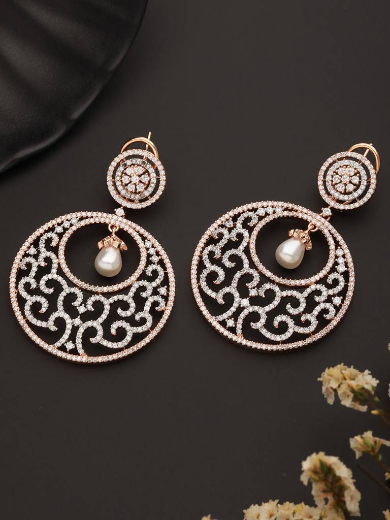 Rose Gold Cz Studded & Pearl Beaded Statement Modern Chandbali Clip Earrings : SJER2382