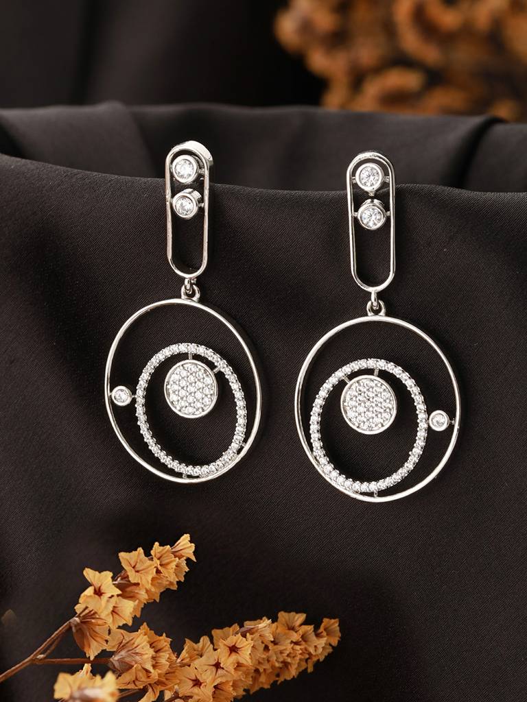 Silver Toned Cz Studded Modern Minimal Designer Concentric Chandbali Earrings : SJER2383