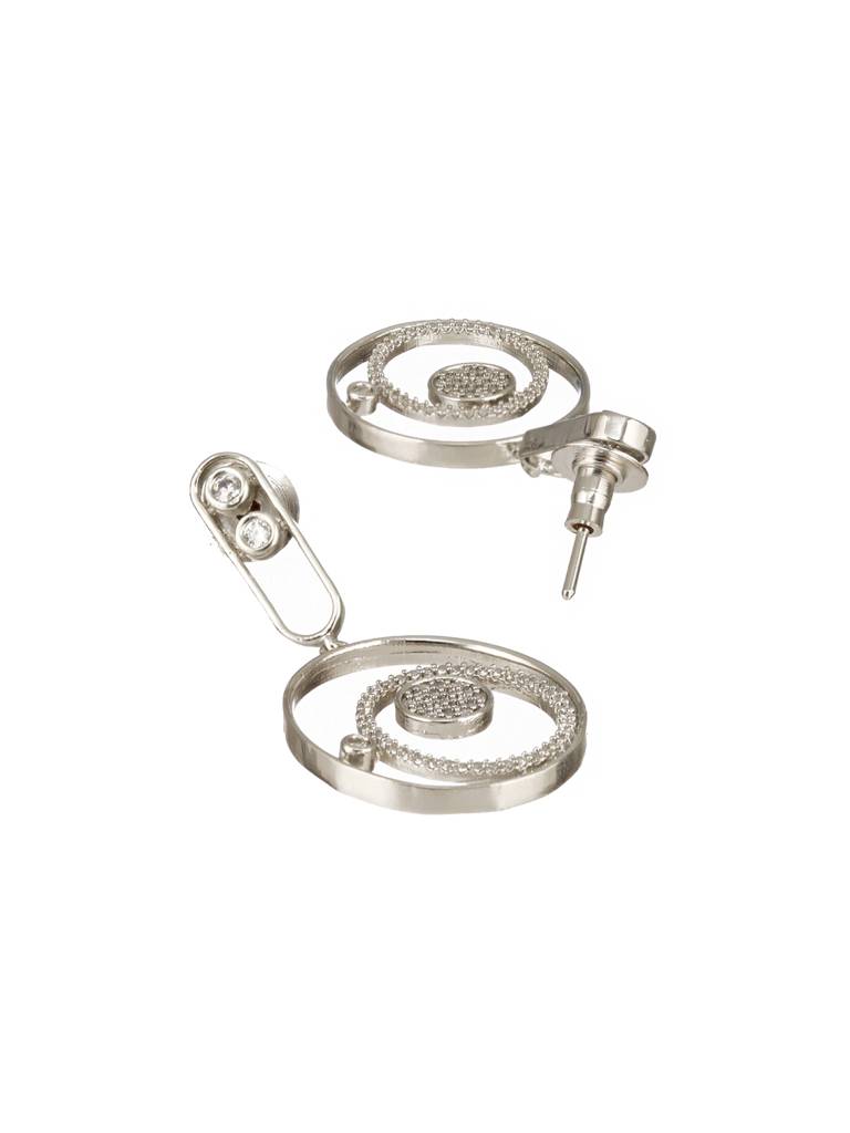 Silver Toned Cz Studded Modern Minimal Designer Concentric Chandbali Earrings : SJER2383