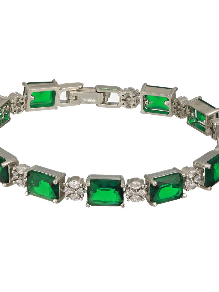 Silver Toned Emarald Green Cz Studded Minimal Link Tennis Bracelet : SJBR2388