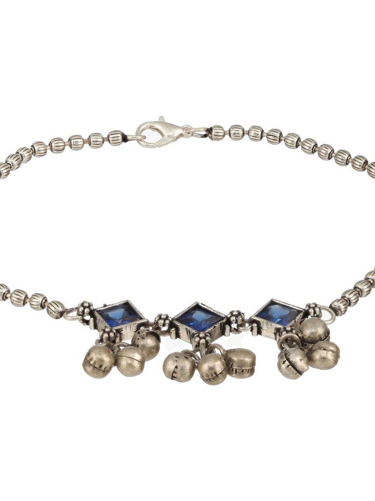 Set Of 2 Oxidised Silver Plated Blue Stone Payal Anklet : SJPL2389