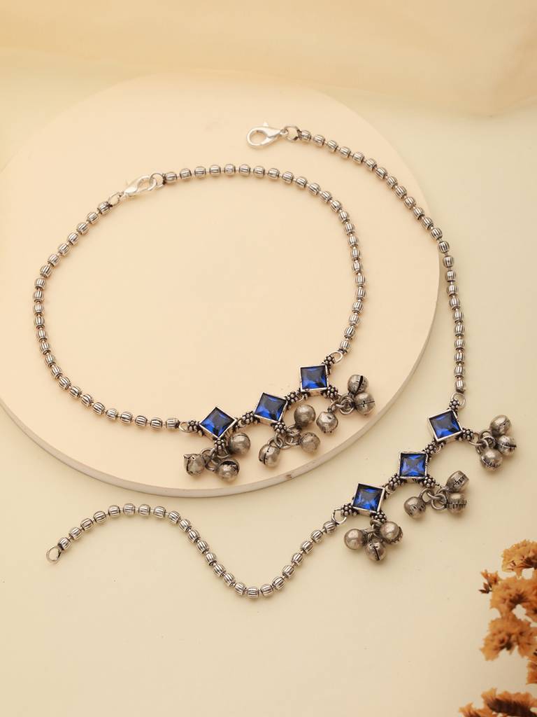 Set Of 2 Oxidised Silver Plated Blue Stone Payal Anklet : SJPL2389