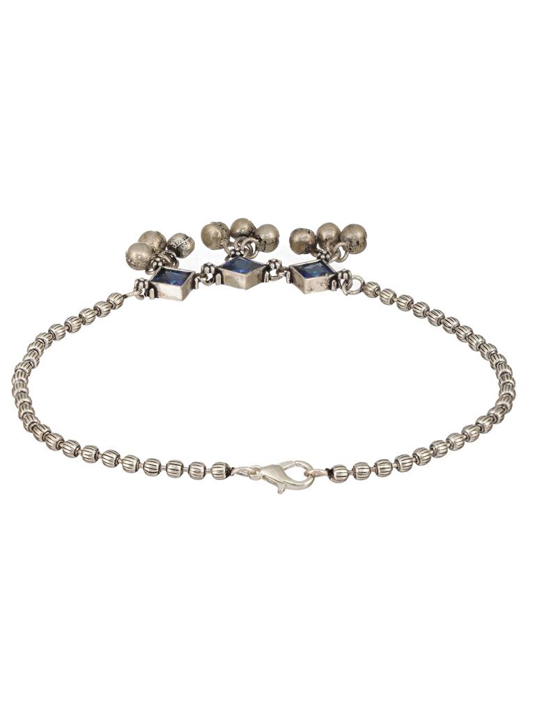 Set Of 2 Oxidised Silver Plated Blue Stone Payal Anklet : SJPL2389