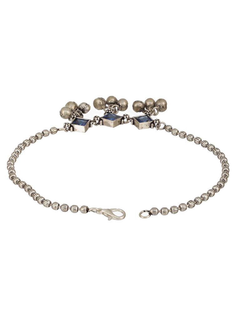 Set Of 2 Oxidised Silver Plated Blue Stone Payal Anklet : SJPL2389