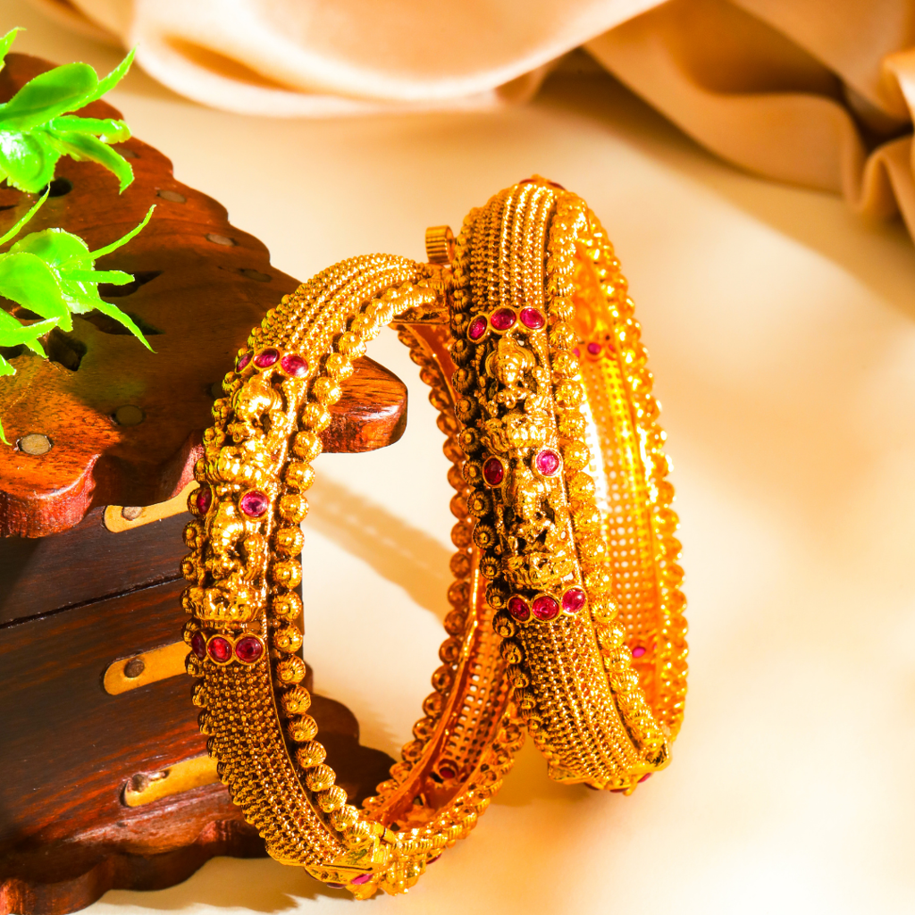 Antique Lakshmi Ruby Dome Temple Paired Bangle Set | 1 Gram Gold-Plated : V-2389