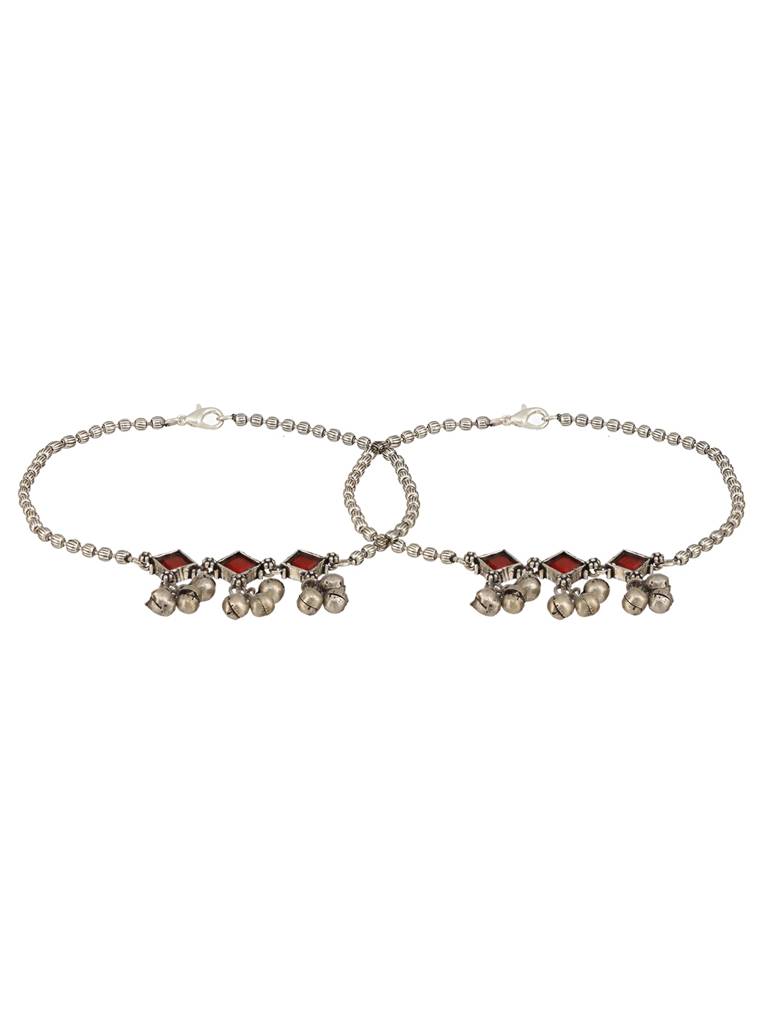 Set Of 2 Oxidised Silver Plated Red Stone Payal Anklet : SJPL2390