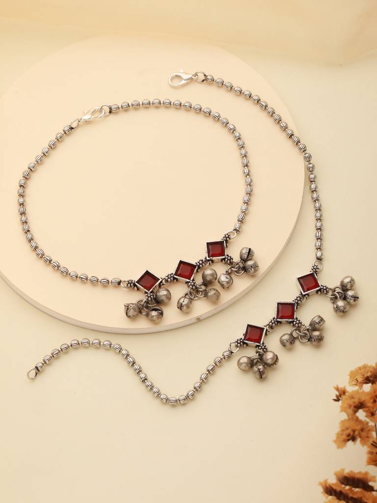 Set Of 2 Oxidised Silver Plated Red Stone Payal Anklet : SJPL2390
