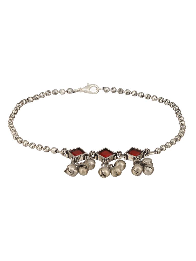 Set Of 2 Oxidised Silver Plated Red Stone Payal Anklet : SJPL2390