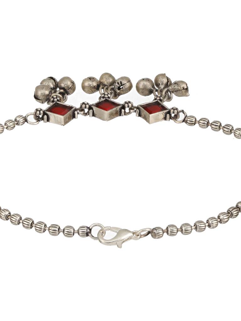 Set Of 2 Oxidised Silver Plated Red Stone Payal Anklet : SJPL2390