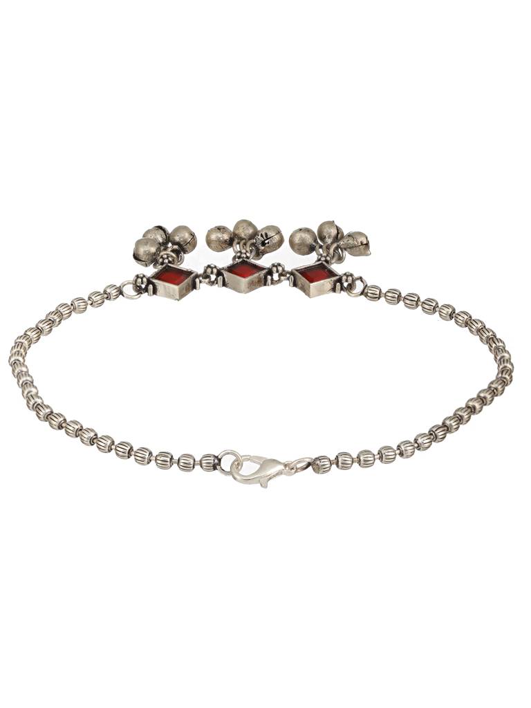 Set Of 2 Oxidised Silver Plated Red Stone Payal Anklet : SJPL2390