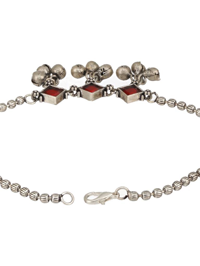Set Of 2 Oxidised Silver Plated Red Stone Payal Anklet : SJPL2390