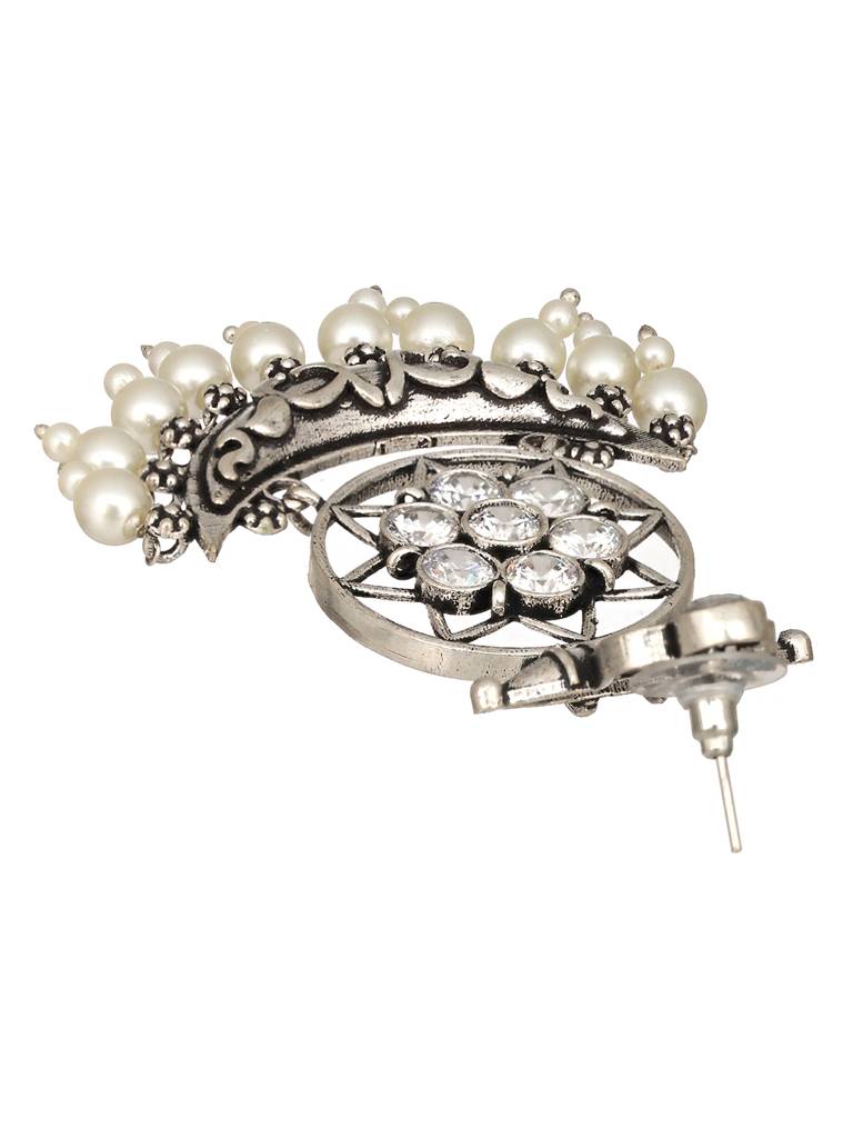 Oxidised Silver Toned Ad Stone Studded Minimal Chandbali Chandelier Earrings : SJER2391