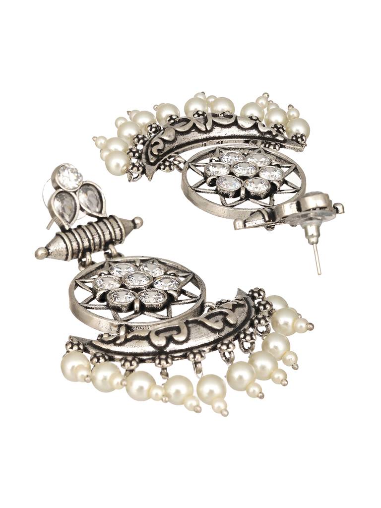 Oxidised Silver Toned Ad Stone Studded Minimal Chandbali Chandelier Earrings : SJER2391