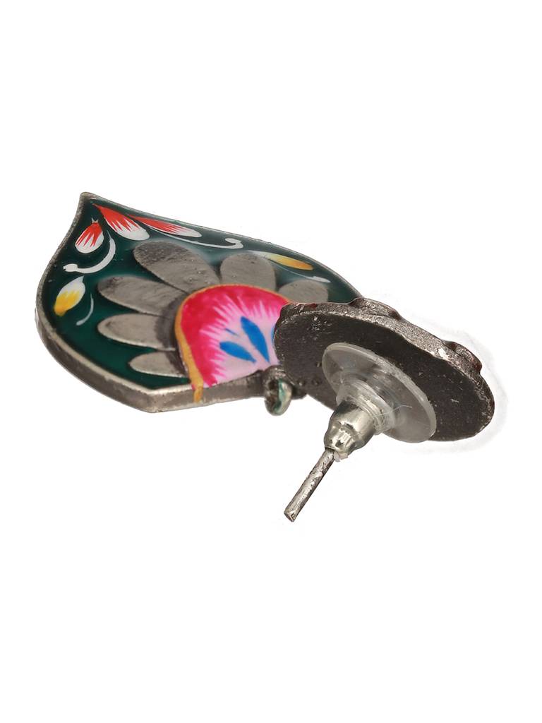 Oxidised Silver Toned Red & Green Handpainted Chandelier Minimal Earring : SJER2393