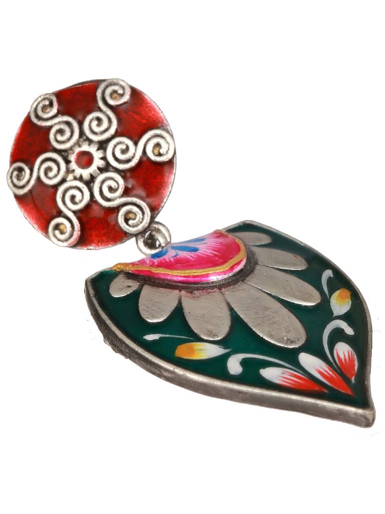 Oxidised Silver Toned Red & Green Handpainted Chandelier Minimal Earring : SJER2393