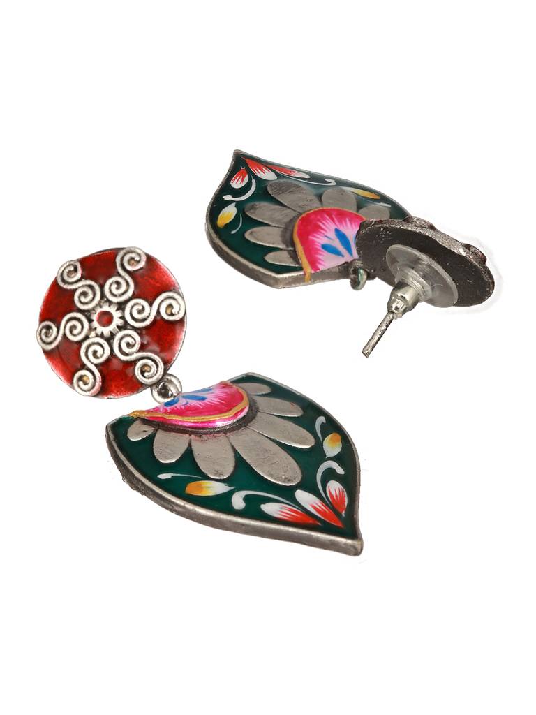 Oxidised Silver Toned Red & Green Handpainted Chandelier Minimal Earring : SJER2393