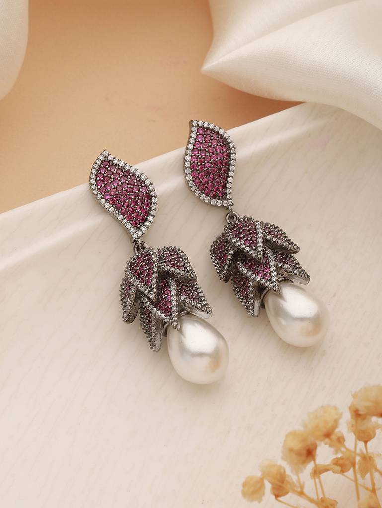 Silver Plated Red Cubic Zircon & Pearl Beaded Luxe Floral Dangler  Earring : SJER2398