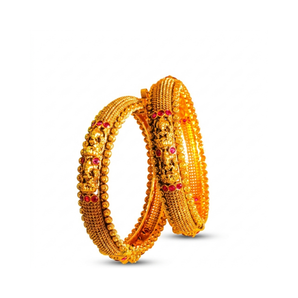 Antique Lakshmi Ruby Dome Temple Paired Bangle Set | 1 Gram Gold-Plated : V-2389