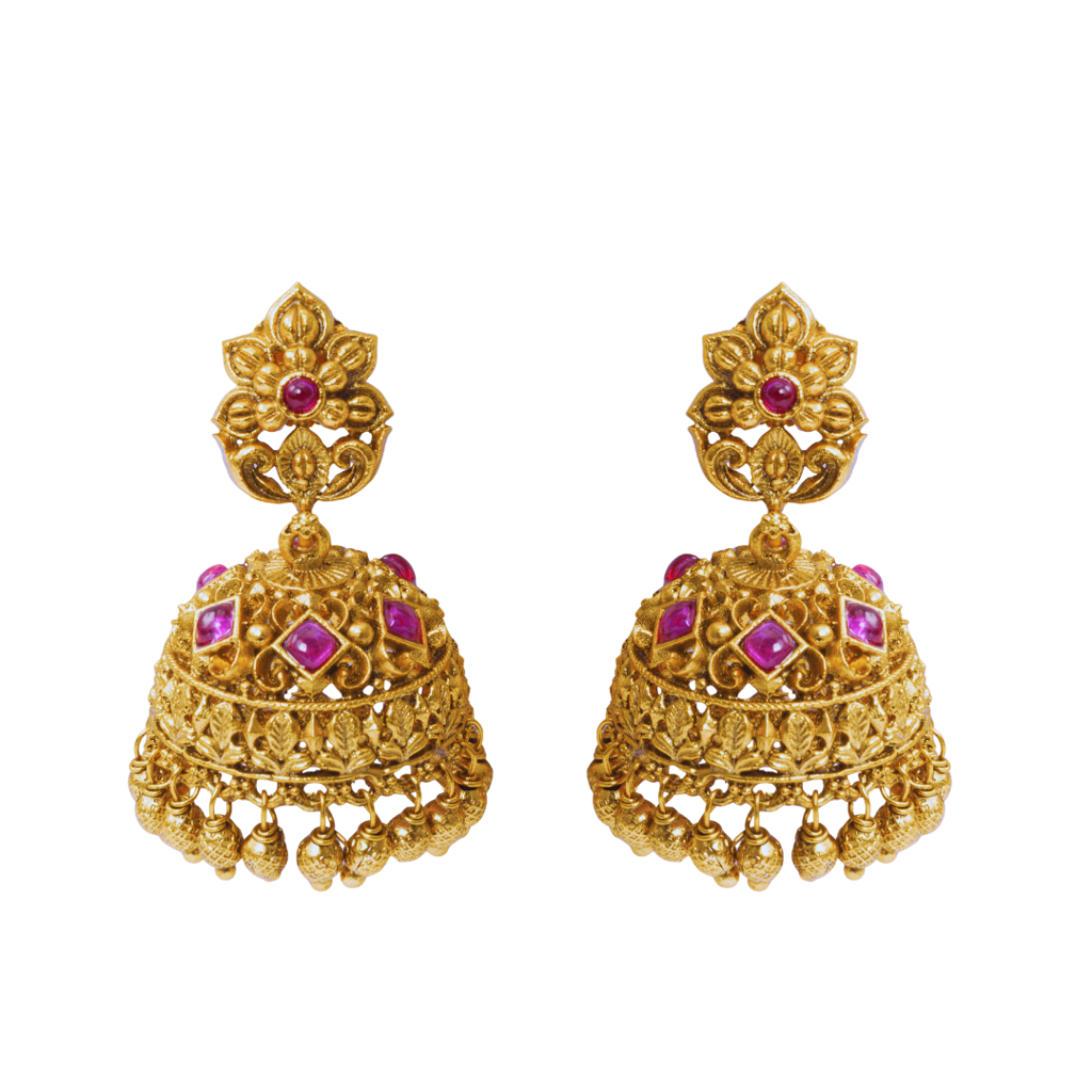 South Indian Temple Jewellery Bridal Jhumka Earrings In Antique Gold Finish : R-1297