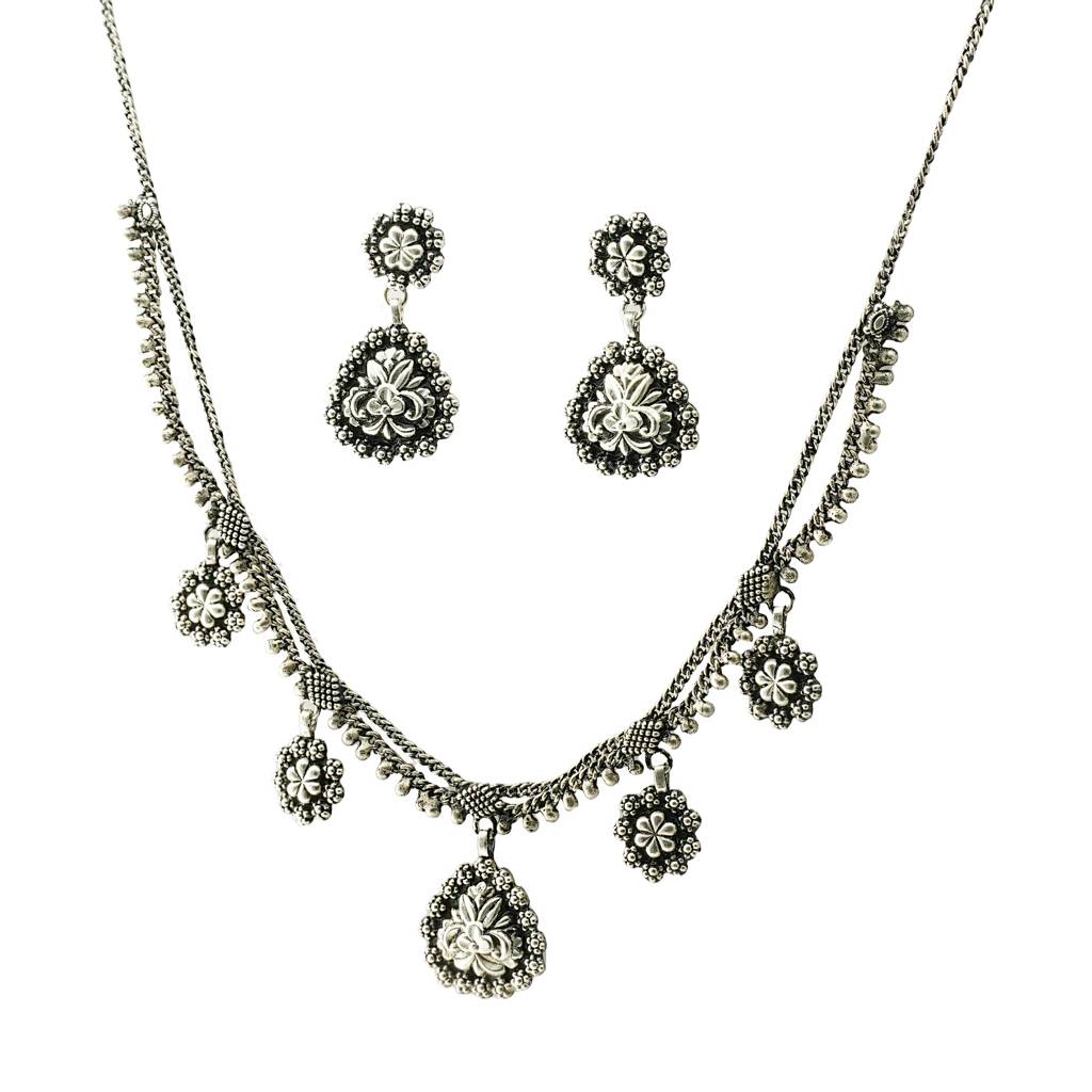 925 Pure Silver Antique Necklace & Earrings Set | Oxidized Silver Necklace Set : NL1015A