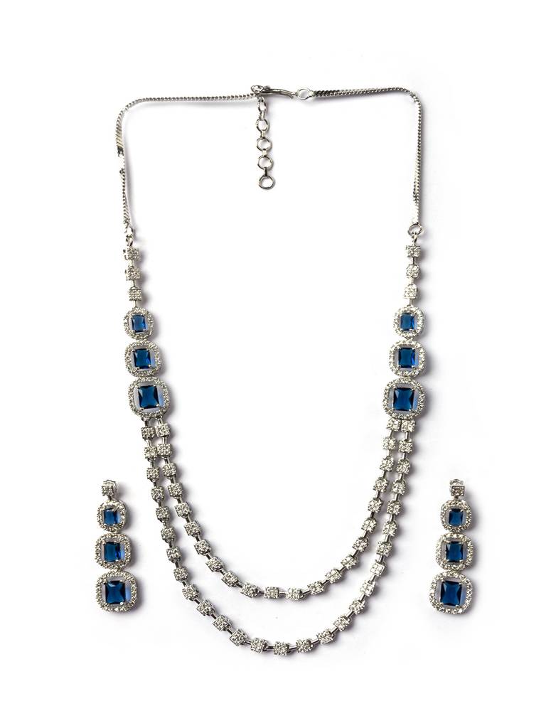 Silver-Plated American Diamond Studded Layered Jewellery Set : AD140BLUE