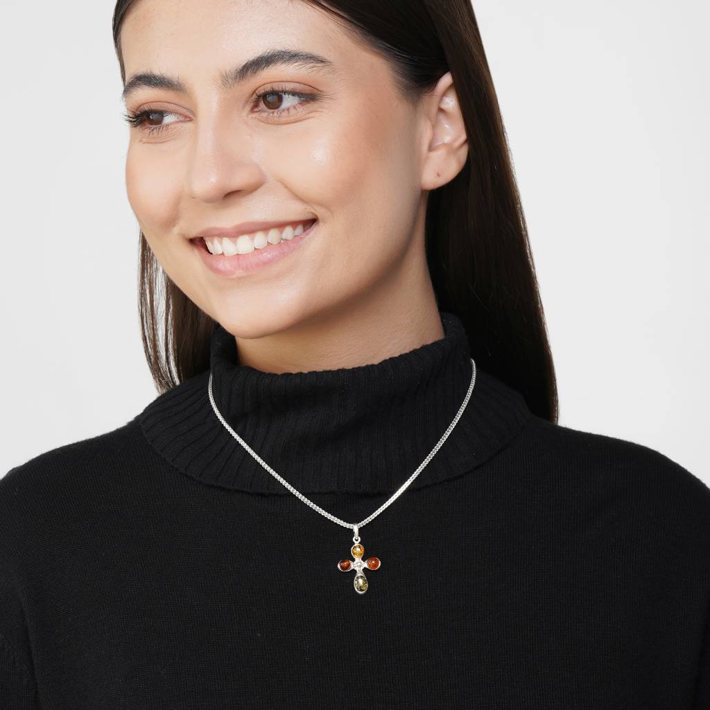 Multicolor European Baltic Amber Cross Pendant In Sterling Silver : SIL-PEN-CAS-0027-MUL