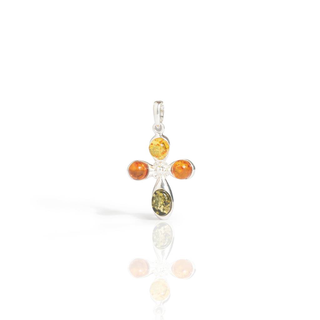 Multicolor European Baltic Amber Cross Pendant In Sterling Silver : SIL-PEN-CAS-0027-MUL