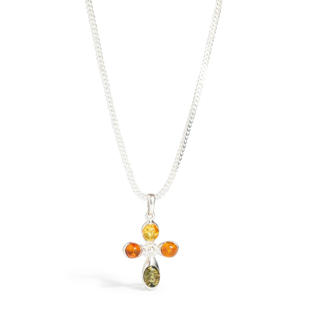 Multicolor European Baltic Amber Cross Pendant In Sterling Silver : SIL-PEN-CAS-0027-MUL