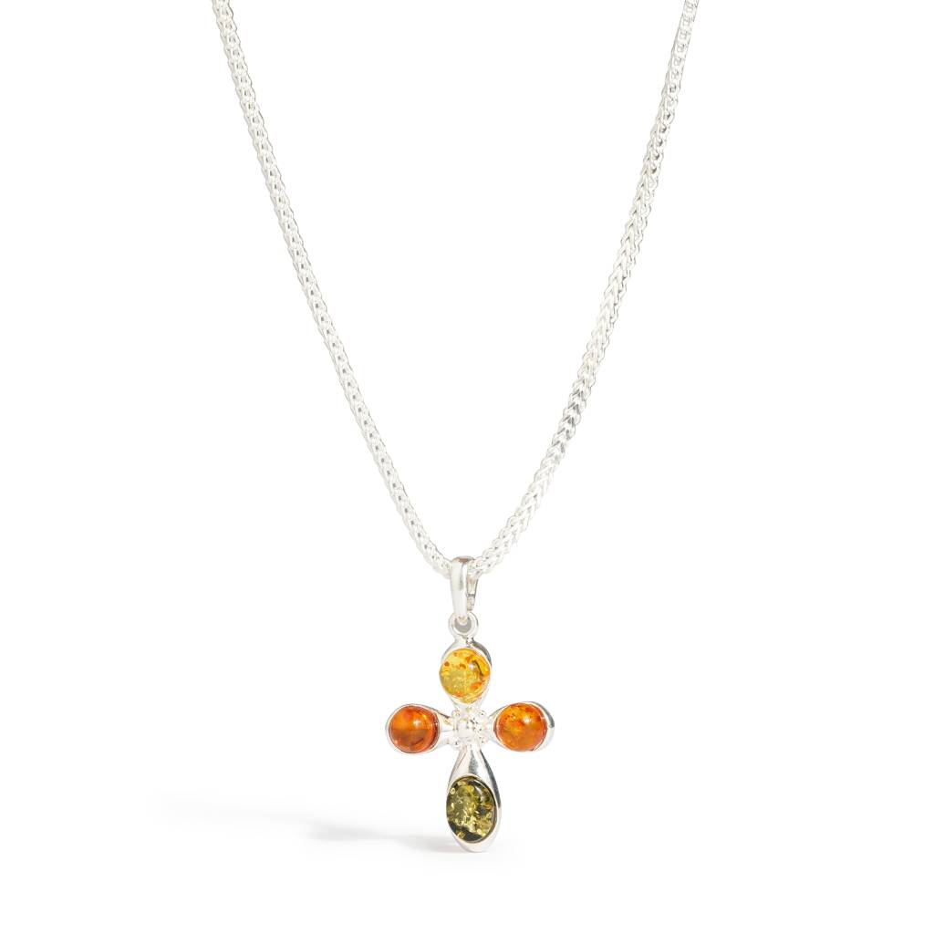 Multicolor European Baltic Amber Cross Pendant In Sterling Silver : SIL-PEN-CAS-0027-MUL