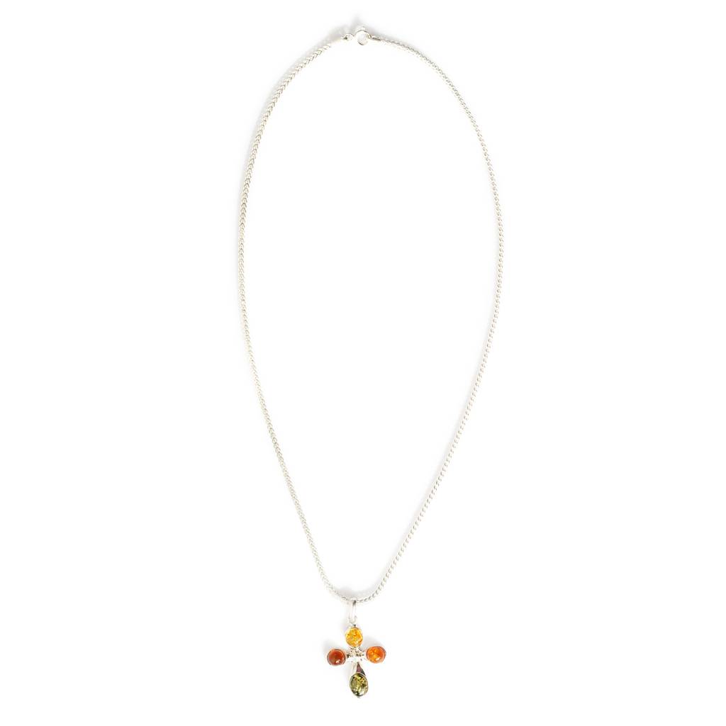 Multicolor European Baltic Amber Cross Pendant In Sterling Silver : SIL-PEN-CAS-0027-MUL
