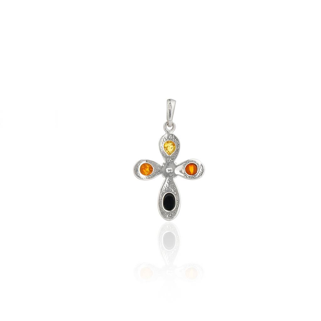 Multicolor European Baltic Amber Cross Pendant In Sterling Silver : SIL-PEN-CAS-0027-MUL