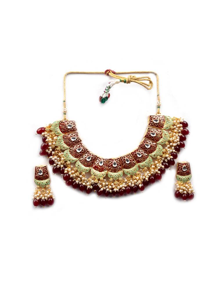 Dual Colour Kundan Meenakari Necklace Set With Earrings And Maangtika : Kundan08Maroon
