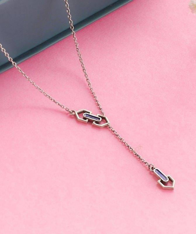 925 Pure Oxidised Silver Y Emma Neckalce With Blue Enamel : NK001