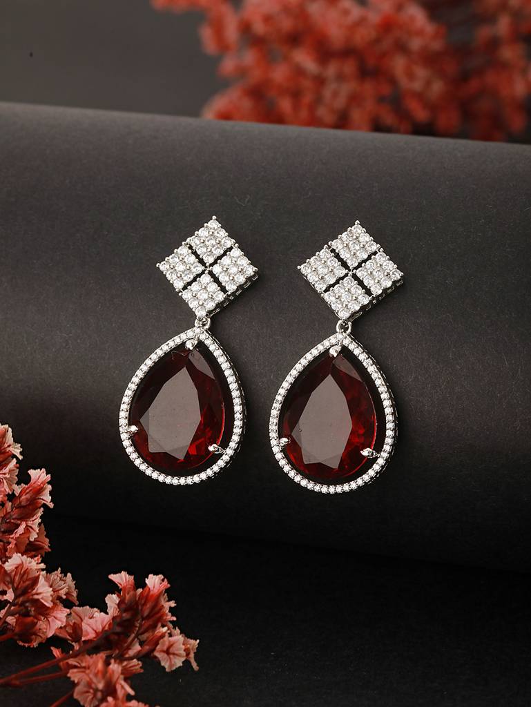 Silver Plated Red Ad Studded Geometric Drop Designer Earrings : SJER2401