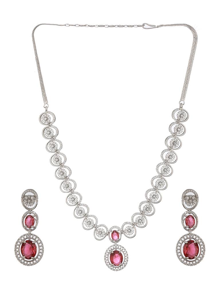 Rhodium Red Ruby Zircon Studded Delicate Contemporary Necklace Jewellery Set : SJNK2409