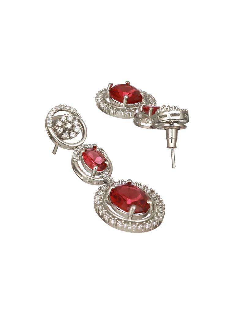 Rhodium Red Ruby Zircon Studded Delicate Contemporary Necklace Jewellery Set : SJNK2409