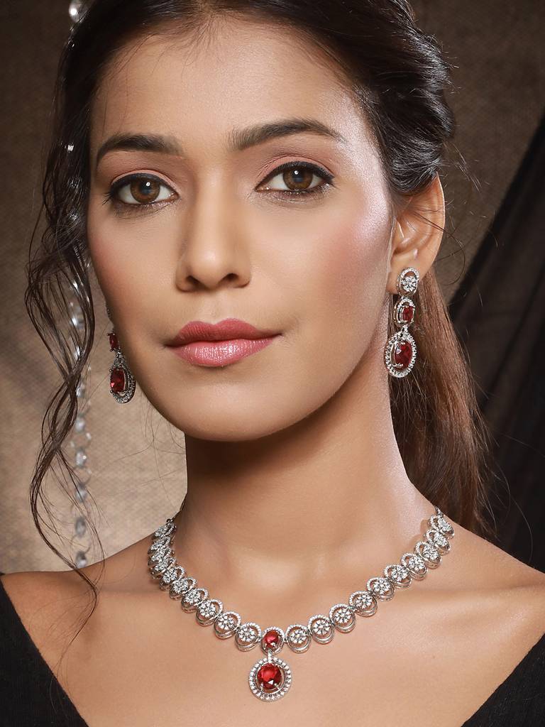 Rhodium Red Ruby Zircon Studded Delicate Contemporary Necklace Jewellery Set : SJNK2409
