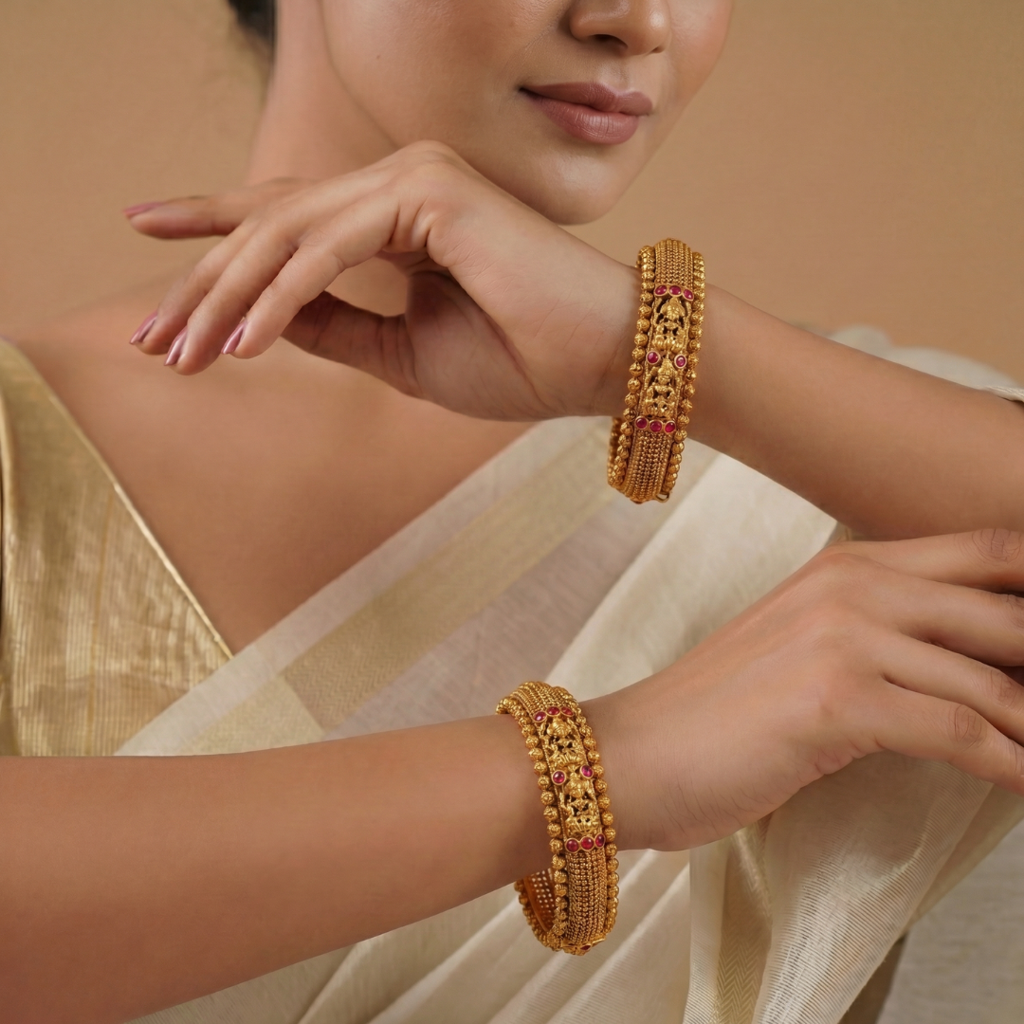 Antique Lakshmi Ruby Dome Temple Paired Bangle Set | 1 Gram Gold-Plated : V-2389