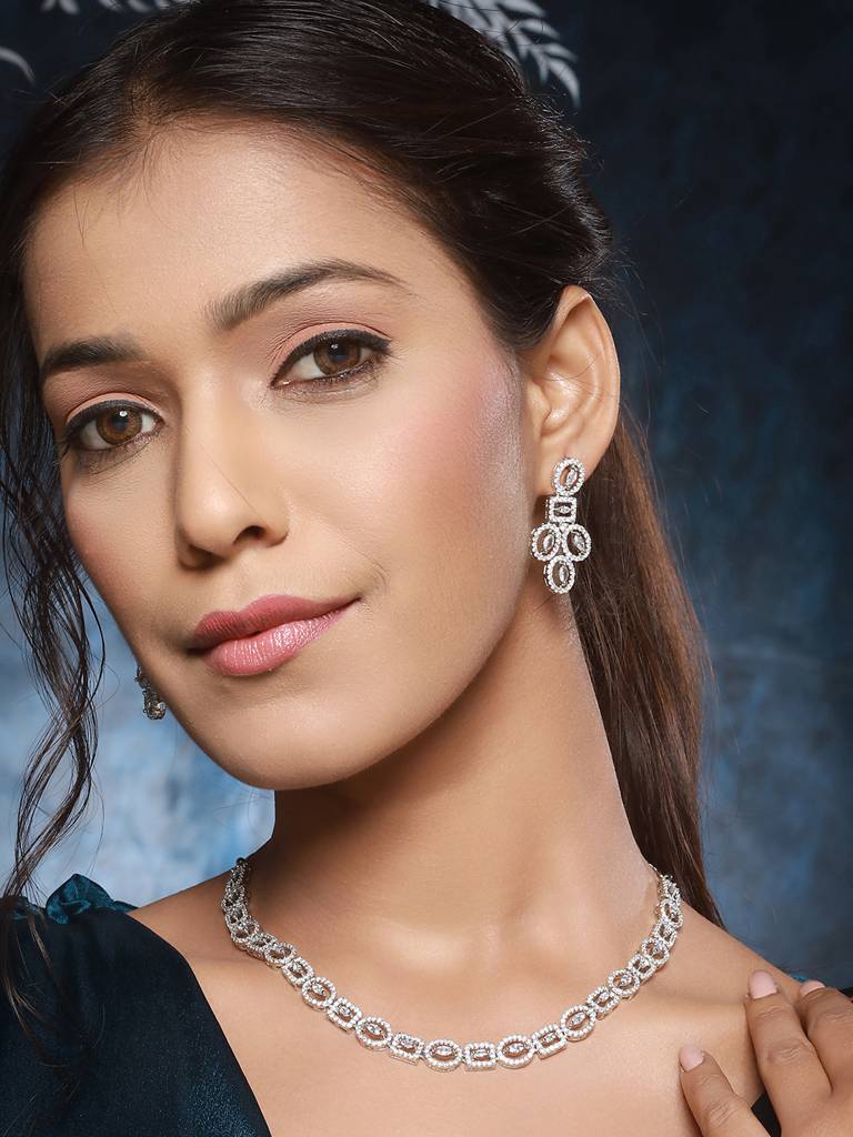 Rhodium Cubic Zircon Studded Contemporary Minimal Necklace Jewellery Set  Brass One Size Silver