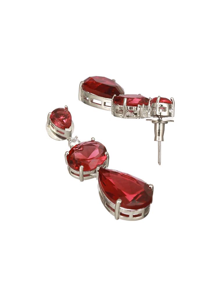 Rhodium Red Ruby Luxe Designer Contemporary Pendant Jewellery Set : SJNK2412