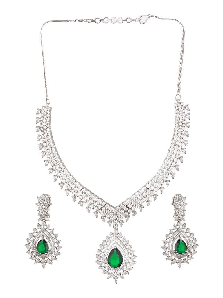 Silver Toned Green Emerald Studded Designer Bridal Necklace Jewellery Set : SJNK2413