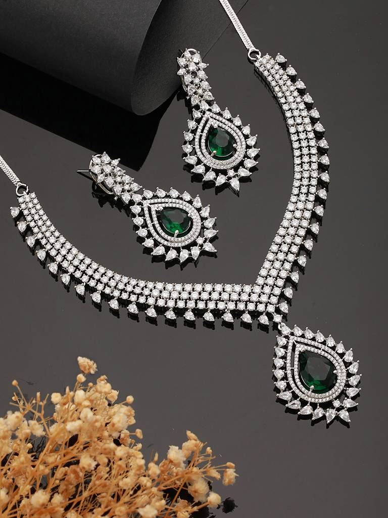 Silver Toned Green Emerald Studded Designer Bridal Necklace Jewellery Set : SJNK2413