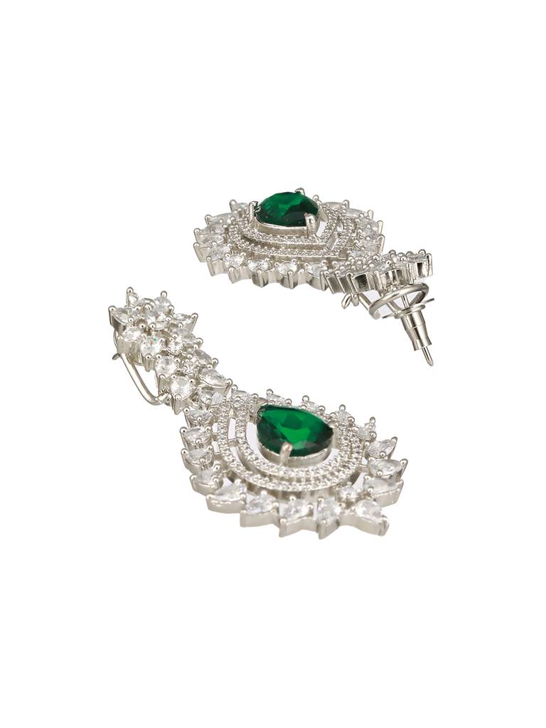 Silver Toned Green Emerald Studded Designer Bridal Necklace Jewellery Set : SJNK2413