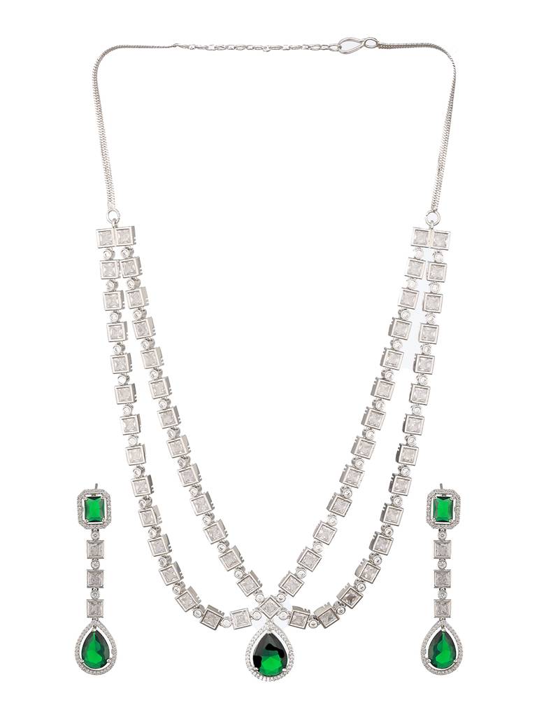 Silver Toned Green Zircon Studded Double Lined Designer Luxe Necklace Jewellery Set : SJNK2414